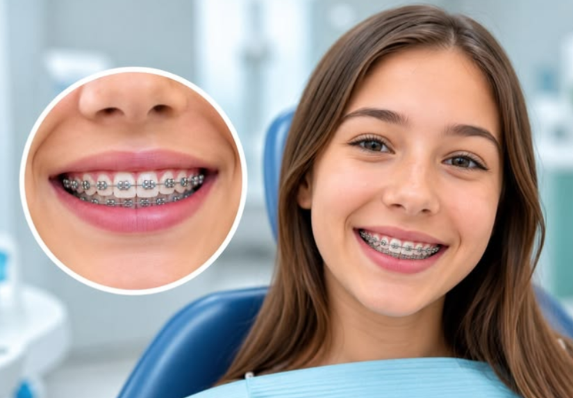 Smiling teenage girl with braces in a dental chair, with a close-up inset of her braces